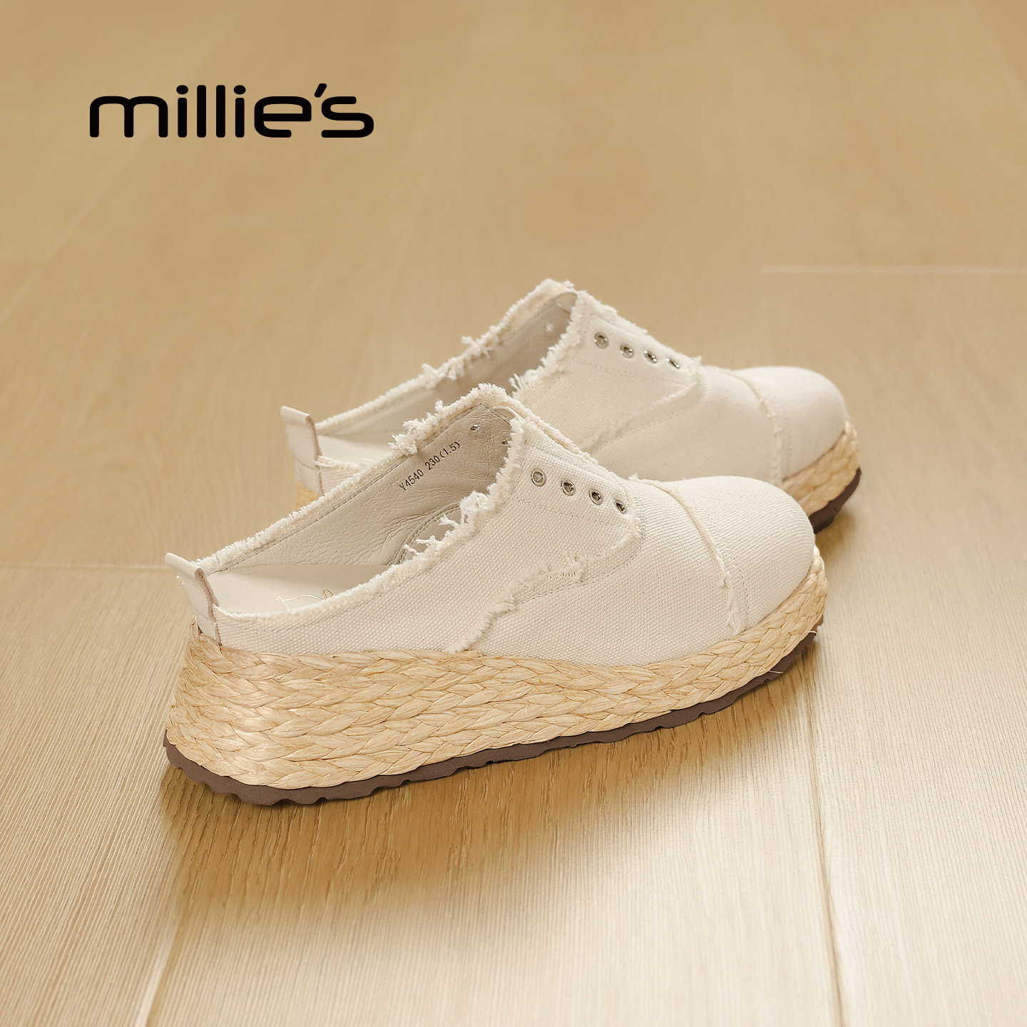 MILLIE'S/妙丽包头半拖鞋女款夏季外穿编织坡跟一脚蹬帆布鞋厚底