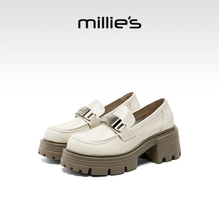 小皮鞋 millies妙丽女鞋 复古风方头浅口玛丽珍鞋 法式 粗跟 2025新款
