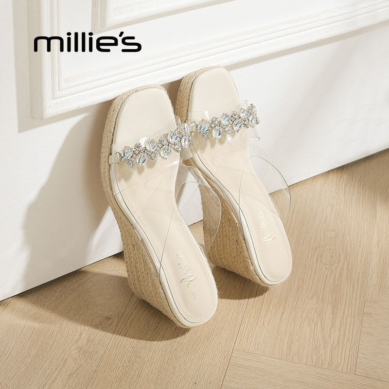 millies妙丽坡跟拖鞋女夏季外穿透明绝美水钻一字凉拖厚底防水台