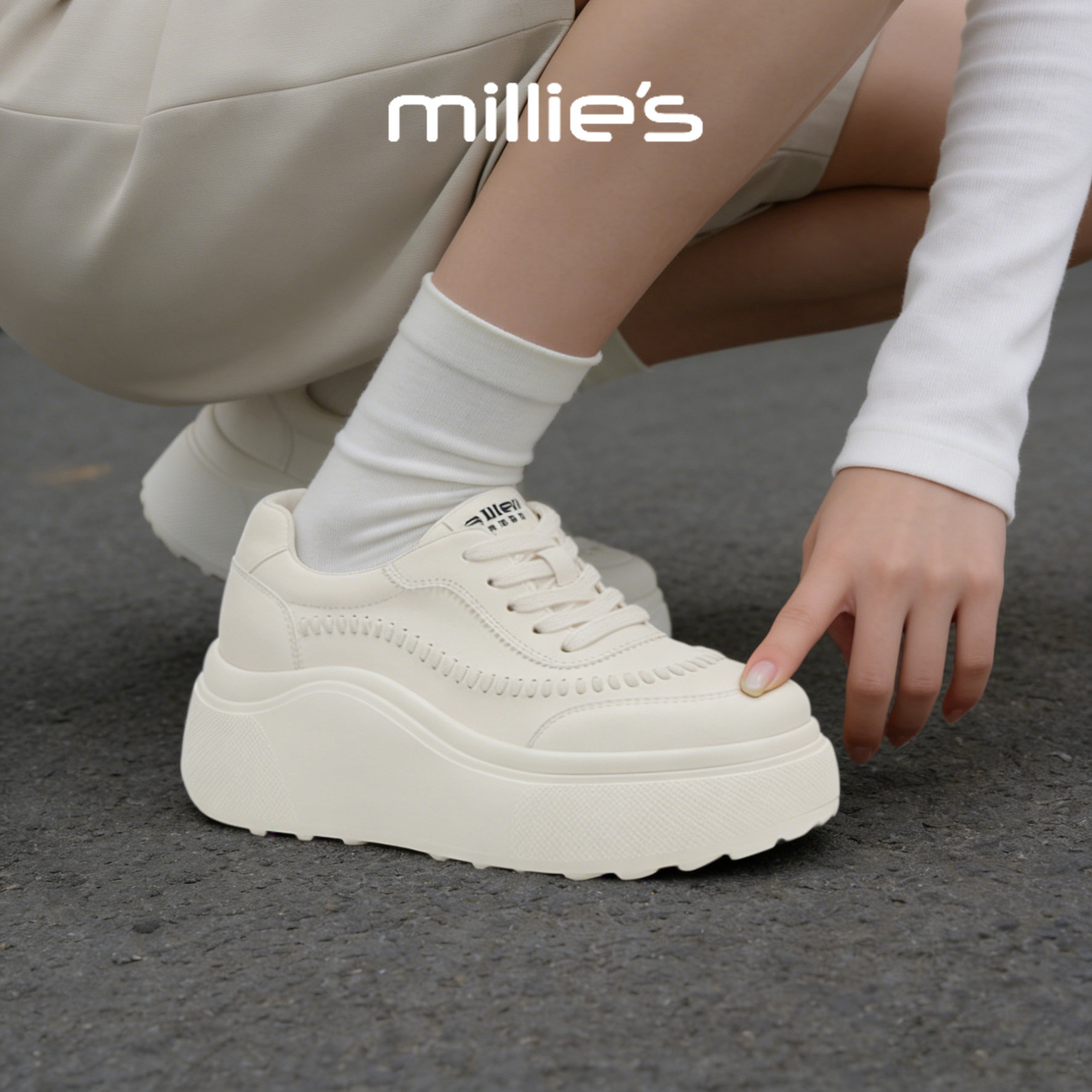 MILLIE'S/妙丽厚底小白鞋女款百搭增高真皮休闲板鞋2026春季新款,女鞋,休闲板鞋,淘宝优惠券,粉丝福利购,淘宝优惠卷