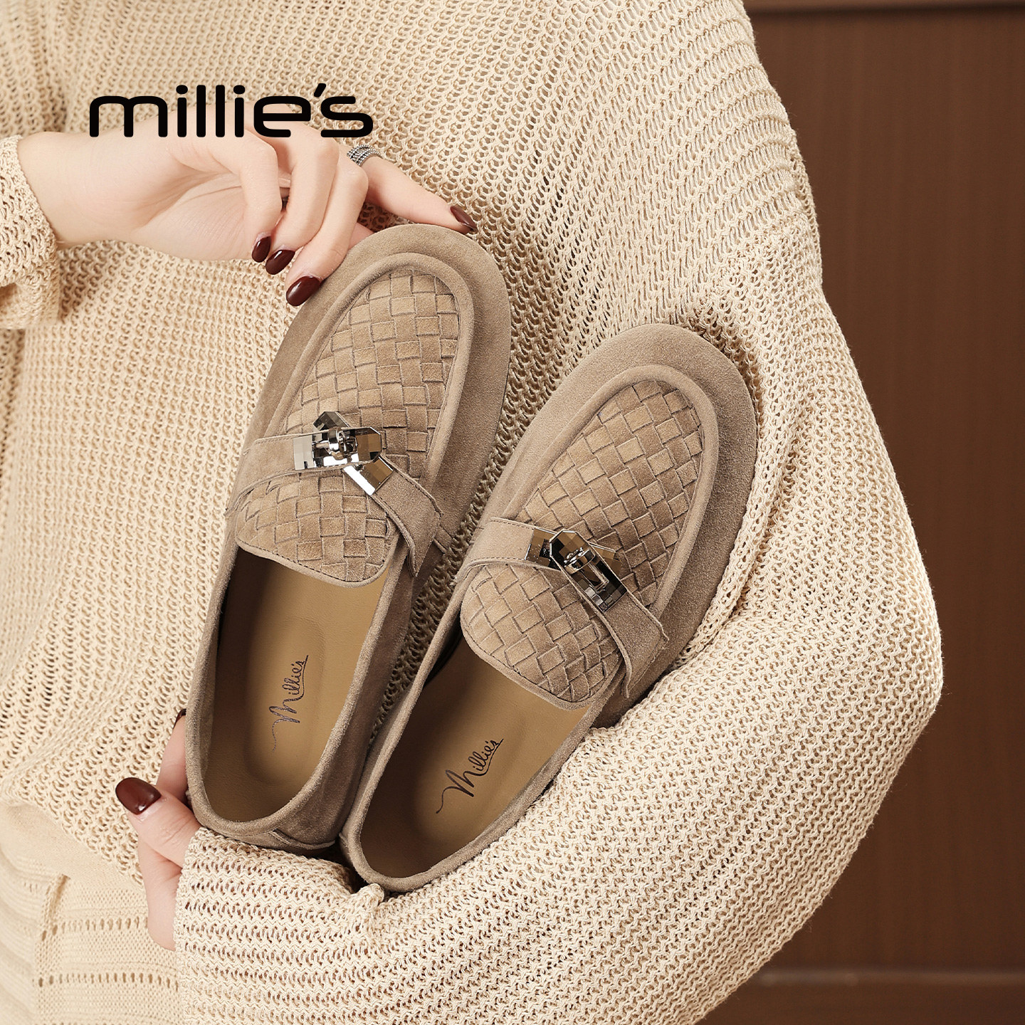 MILLIE'S/妙丽2026春季乐福鞋女款一脚蹬编织深口通勤老钱风单鞋