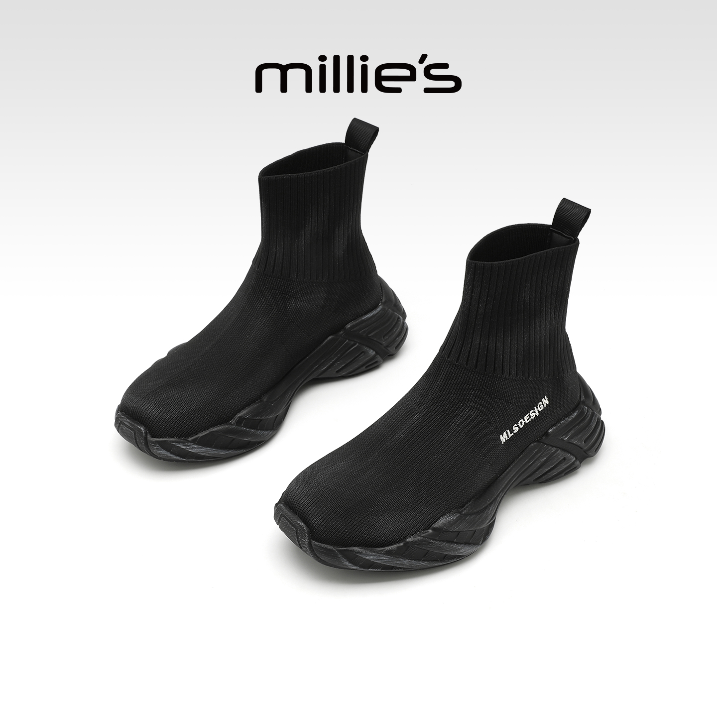 millies妙丽女靴秋款套筒靴运动风短靴2025秋季新款潮流袜靴黑色