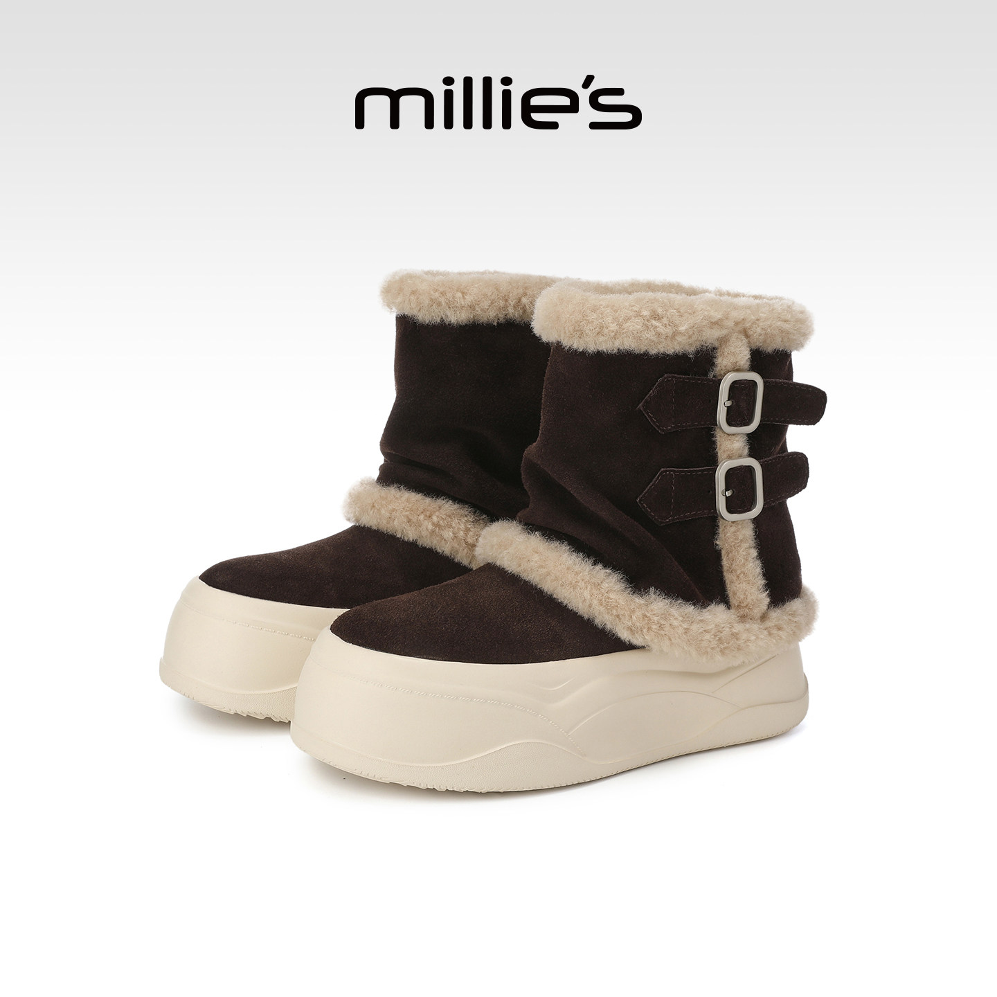 millies妙丽雪地靴加绒女靴冬季保暖双扣带中筒靴毛毛靴厚底棉靴