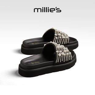 女夏外穿露趾一字凉拖沙滩鞋 millies妙丽女士珍珠拖鞋 不累脚厚底