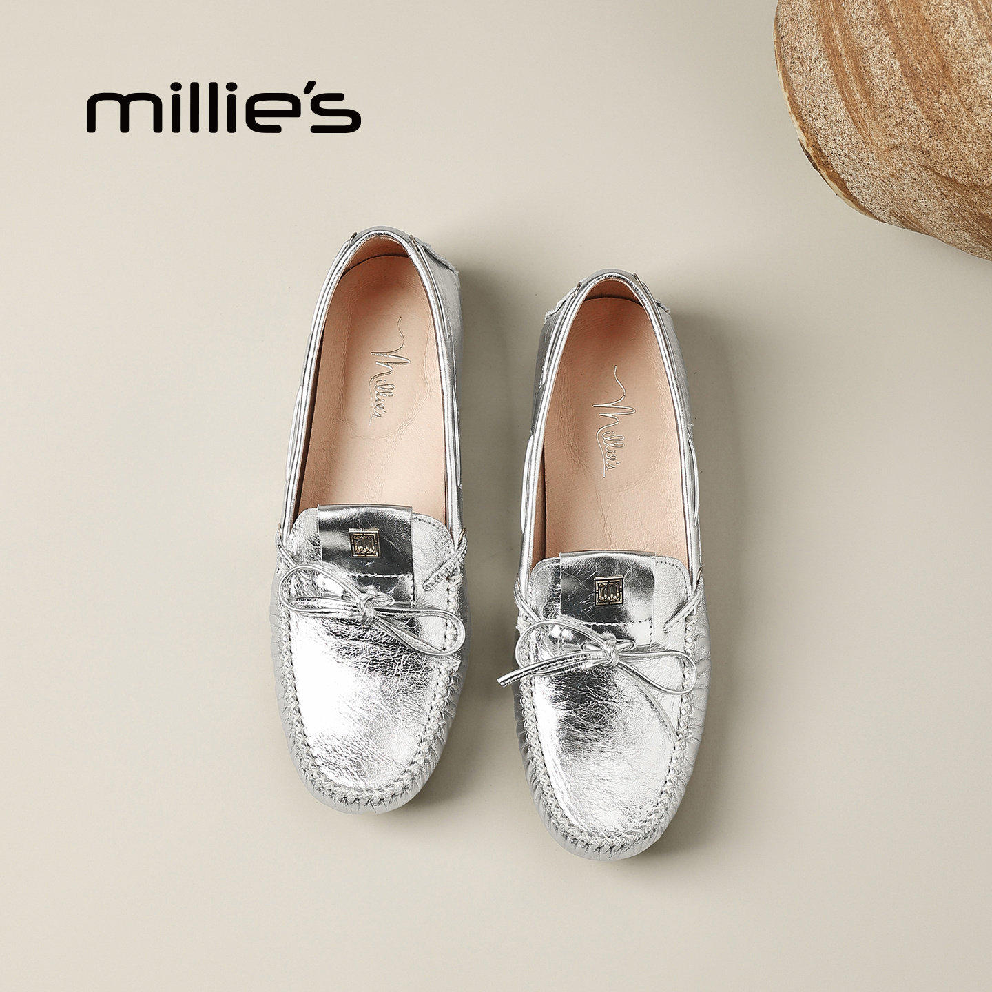 MILLIE'S/妙丽银色牛皮乐福鞋女款平底一脚蹬豆豆鞋2026春夏新款