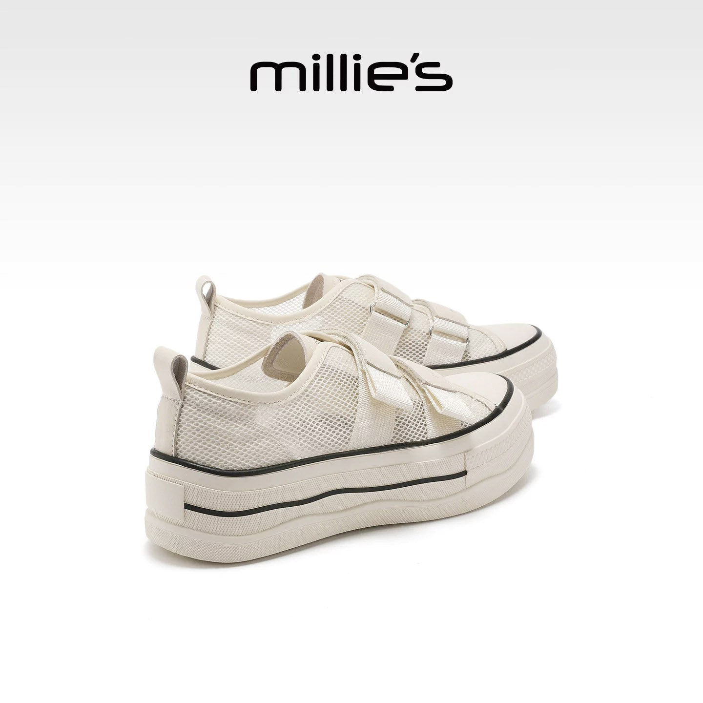 MILLIE'S/妙丽网面厚底板鞋女休闲透气魔术贴小白鞋2026夏季新款