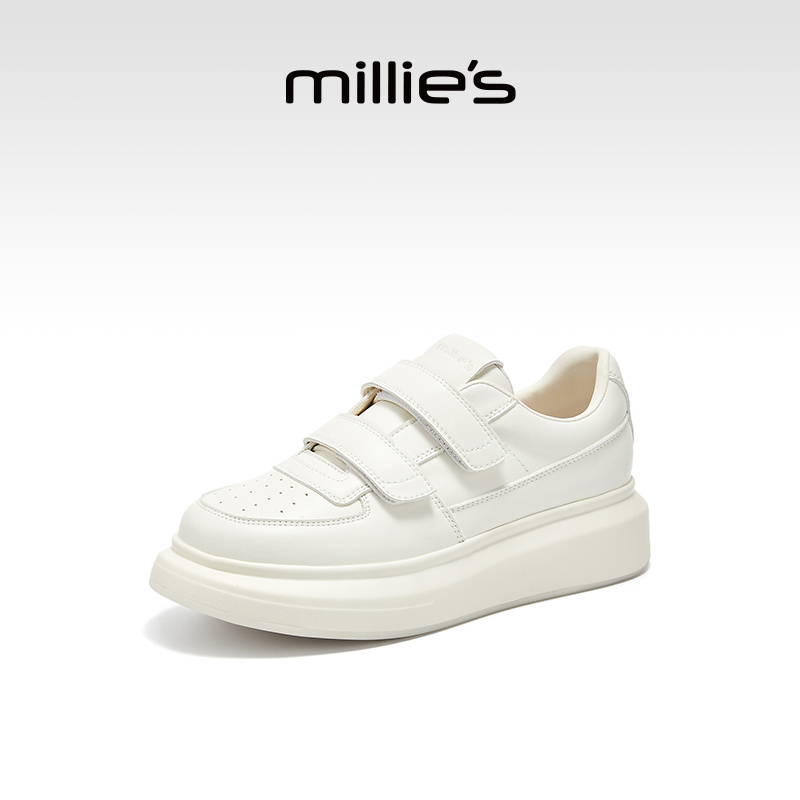 妙丽圆头厚底休闲真皮小白鞋板鞋