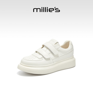 妙丽女鞋厚底小白鞋女款2026春季新款板鞋真皮增高休闲魔术贴鞋子