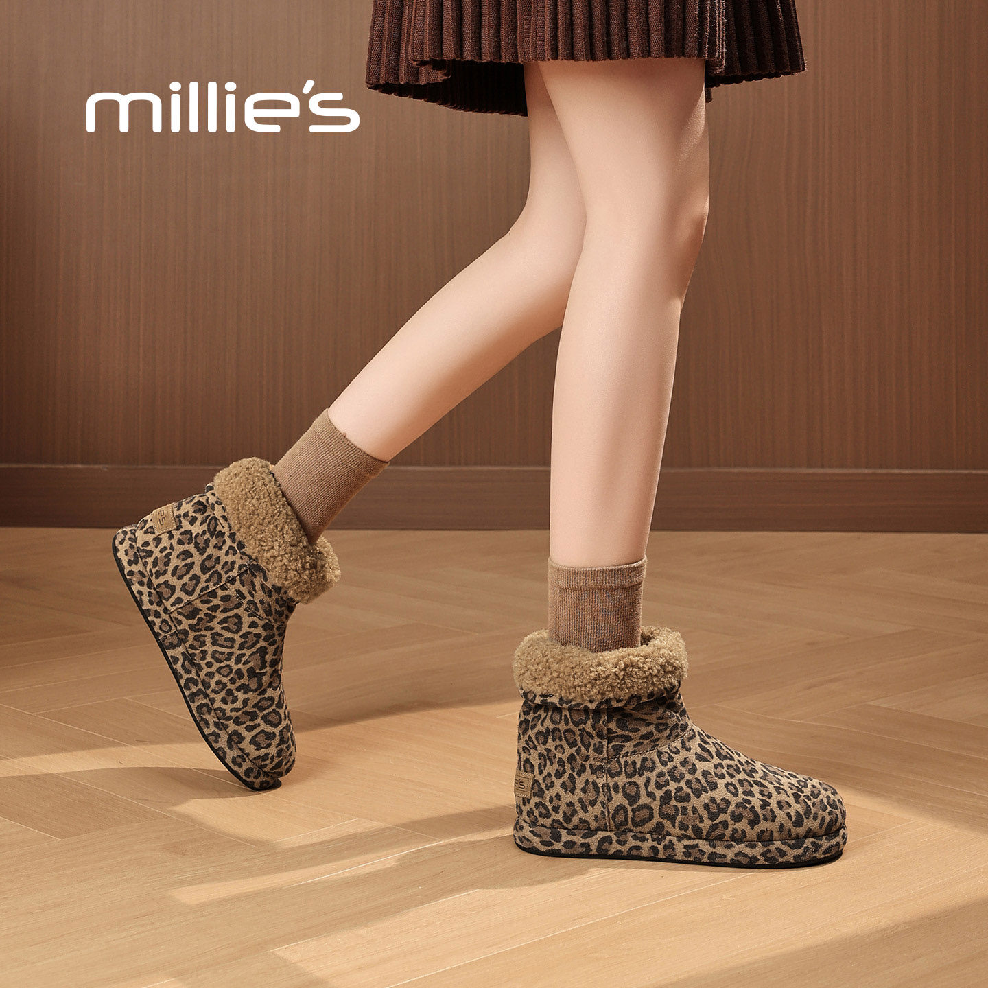 millies妙丽豹纹厚底雪地靴女款2025冬季新款加绒保暖棉靴短筒靴