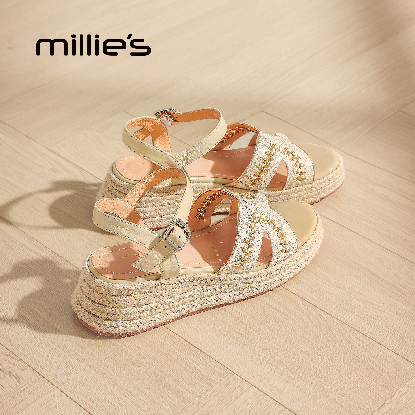 MILLIE'S/妙丽真皮坡跟休闲凉鞋复古风露趾女鞋编织厚底夏季新款