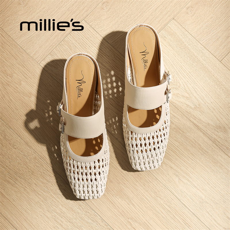 millies妙丽女鞋2025新款时尚气质编织镂空外穿懒人一字带包头拖