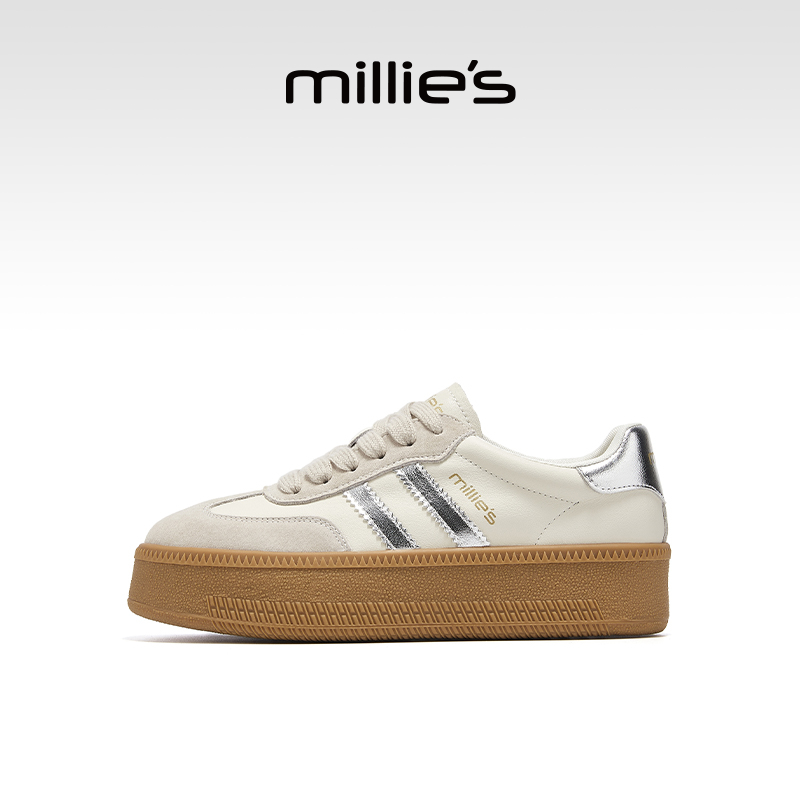 millies妙丽官方圆头撞色拼接设计感增高休闲女板鞋2025秋季新款