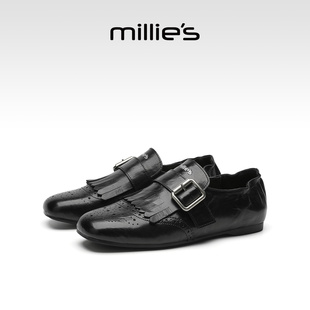 MILLIE'S/妙丽布洛克风皮带扣乐福鞋女黑色雕花流苏真皮平底单鞋