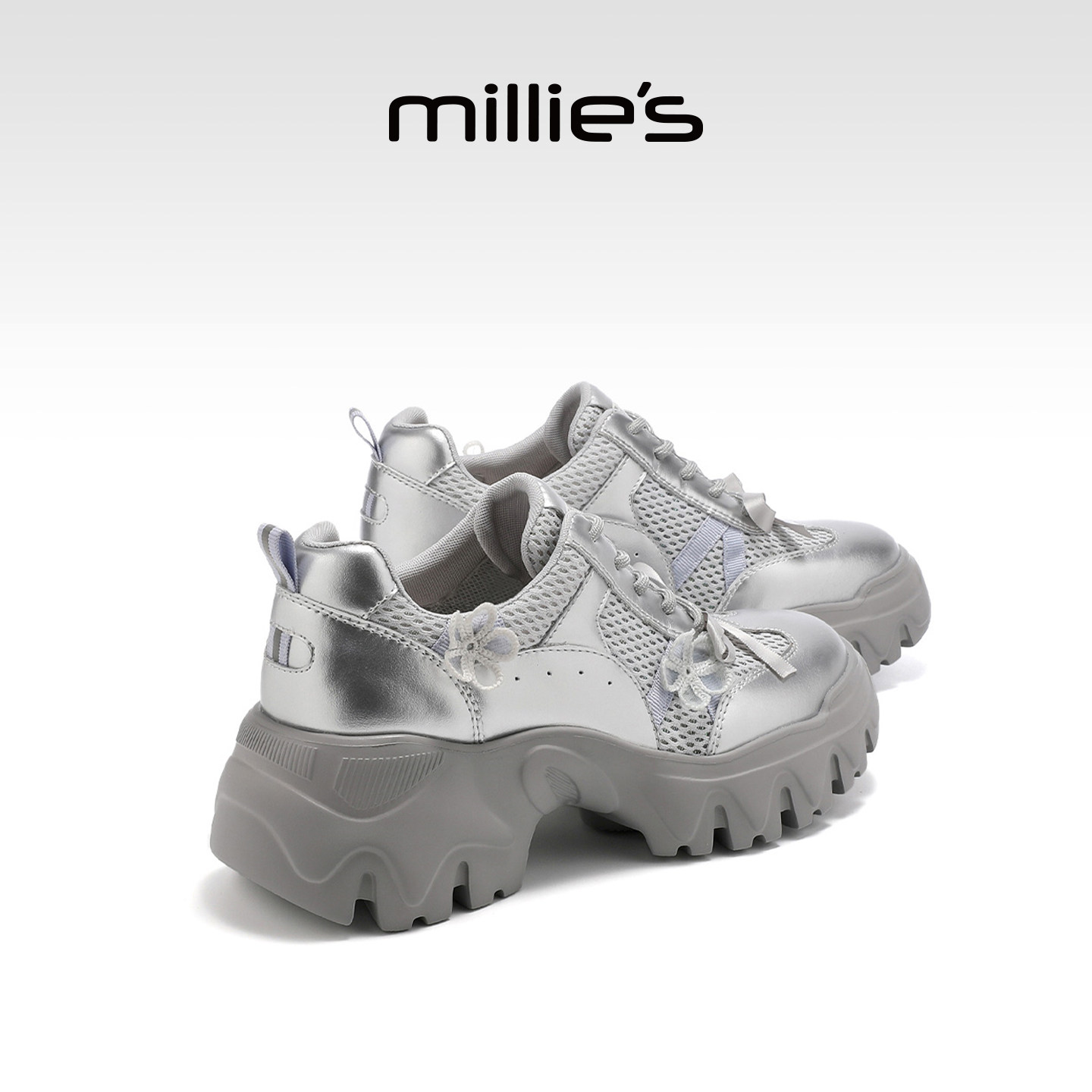 MILLIE'S/妙丽银色厚底甜美老爹鞋女款休闲鞋2026春季新款女单鞋