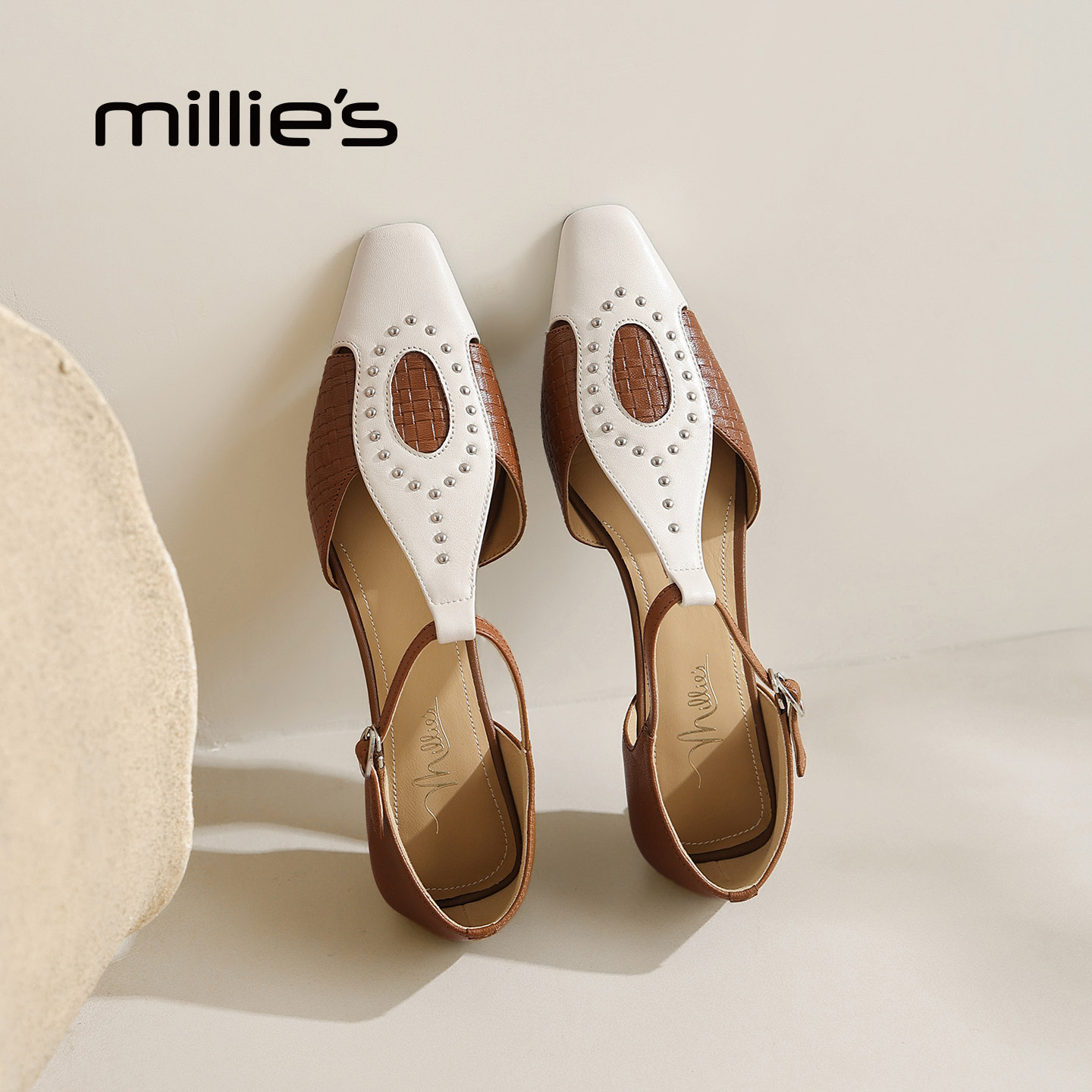 MILLIE'S/妙丽羊皮复古T字带包头凉鞋女款夏季低跟气质女士高级感
