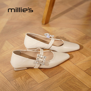 MILLIE'S/妙丽方头玛丽珍鞋女水钻扣浅口平底单鞋气质百搭温柔风