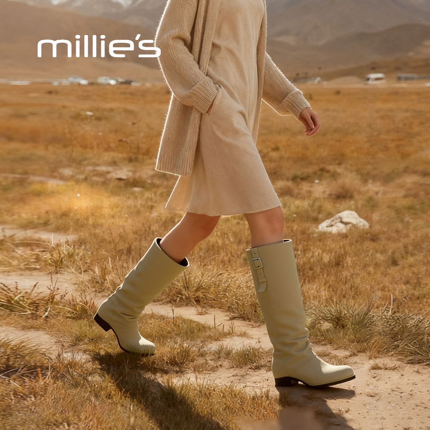 millies妙丽金属扣粗跟裤管靴