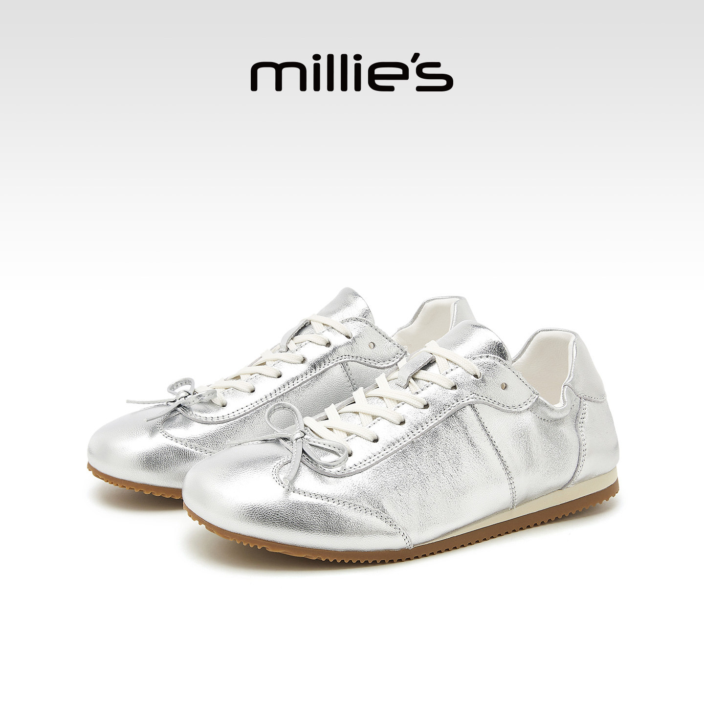 MILLIE'S/妙丽时尚休闲鞋女款真皮系带银色深口单鞋圆头平底女鞋