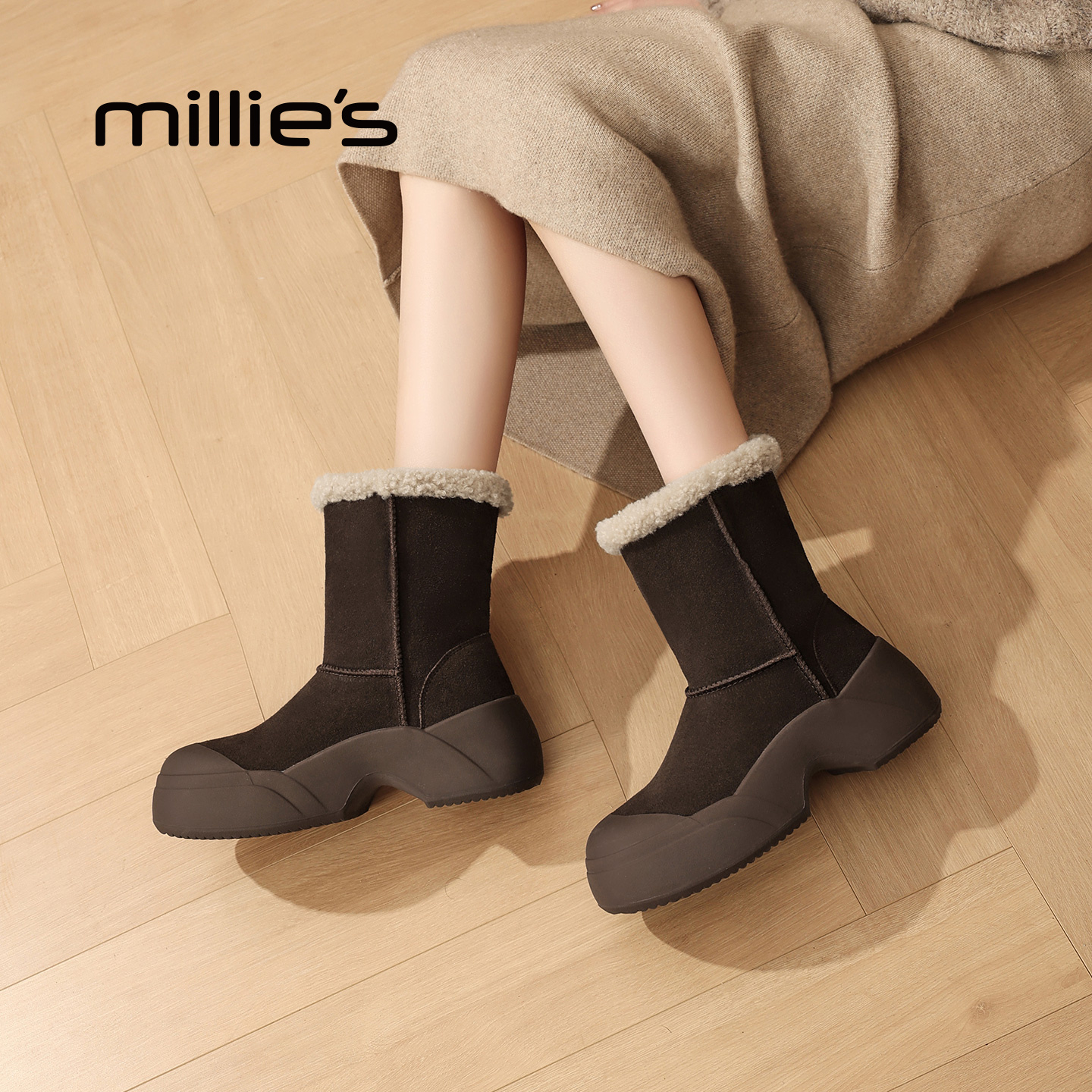 millies妙丽女鞋复古毛毛靴短靴