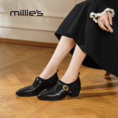 妙丽真皮尖头乐福鞋 女黑色皮带扣玛丽珍通勤单鞋 MILLIE 小皮鞋