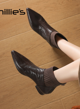 millies妙丽时尚新款复古尖头瘦瘦靴低跟时装靴加绒女靴子弹力靴