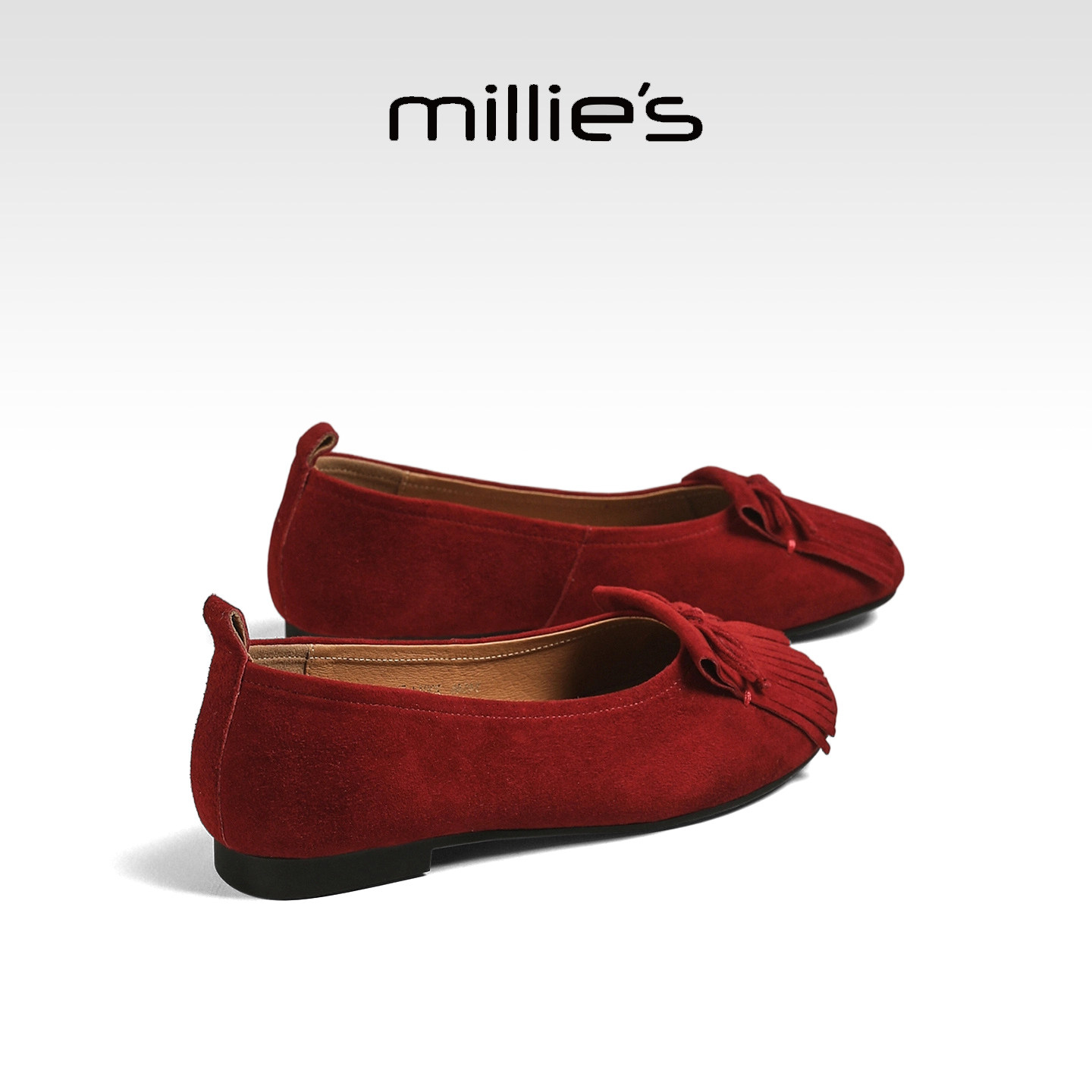 MILLIE'S/妙丽红色反绒皮蝴蝶结浅口单鞋平底芭蕾舞鞋流苏豆豆鞋