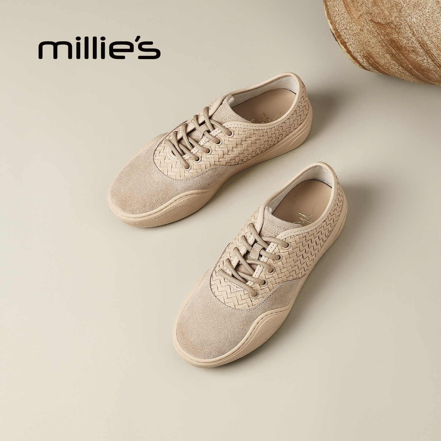 MILLIE'S/妙丽复古风编织德训鞋女款平底系带休闲鞋百搭软皮单鞋,女鞋,深口单鞋,淘宝优惠券,粉丝福利购,淘宝优惠卷