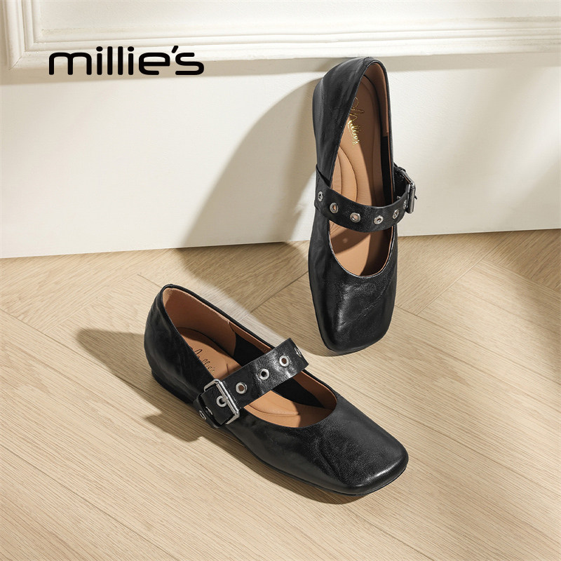 MILLIE'S/妙丽玛丽珍鞋女春季新款一字带芭蕾浅口单鞋真皮小黑鞋