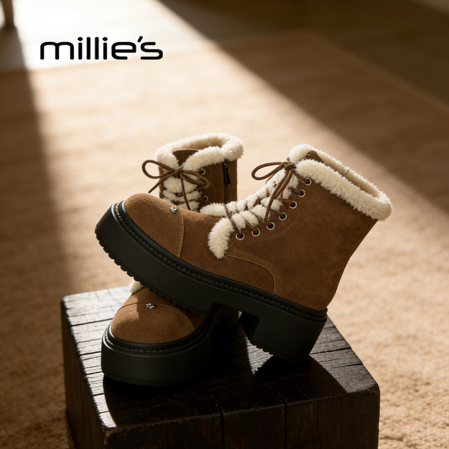 MILLIE'S/妙丽厚底马丁靴女款加绒保暖工装靴系带英伦风短筒靴子