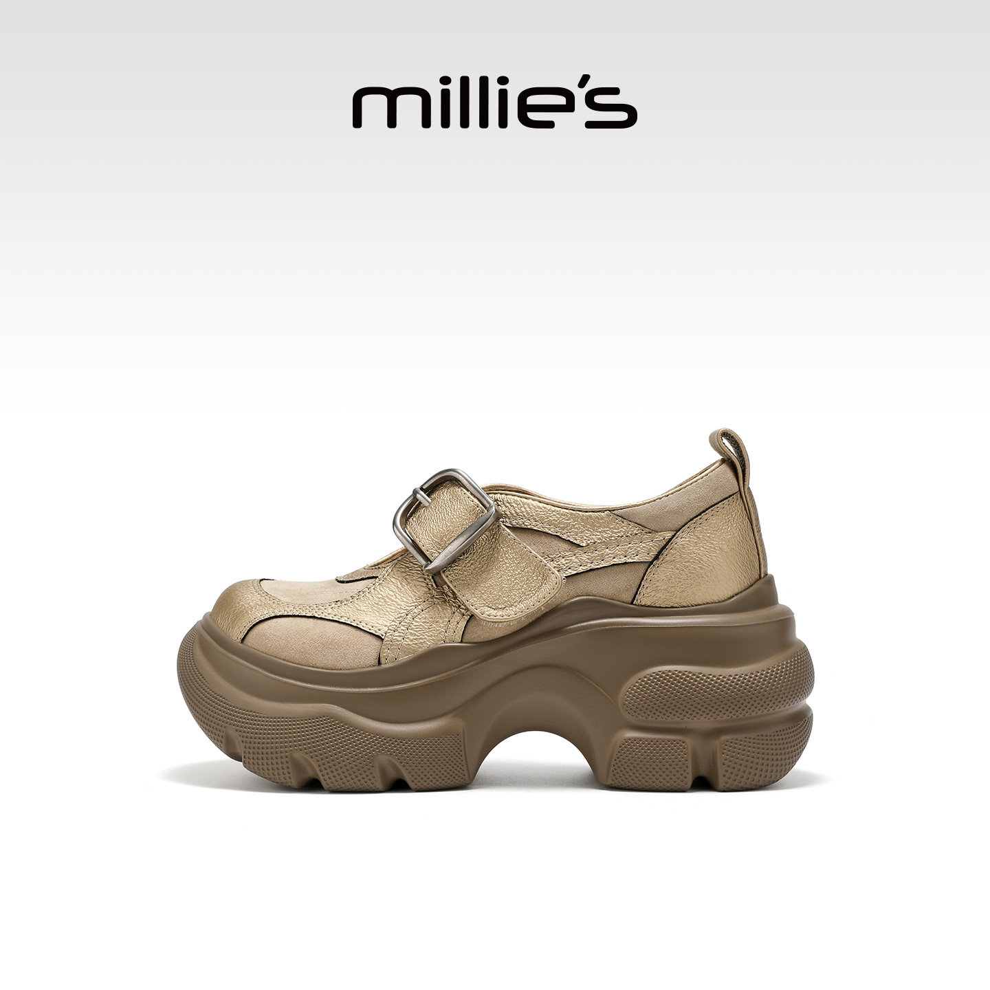 MILLIE'S/妙丽厚底增高乐福鞋女款英伦风魔术贴单鞋2026春季新款