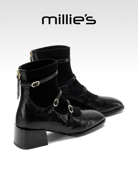 millies妙丽时装靴子女2025冬季加绒马丁靴切尔西及踝靴短靴粗跟