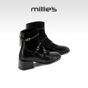 millies妙丽时装靴子女2025冬季加绒马丁靴切尔西及踝靴短靴粗跟