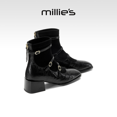 millies妙丽女鞋加绒跟短靴女靴
