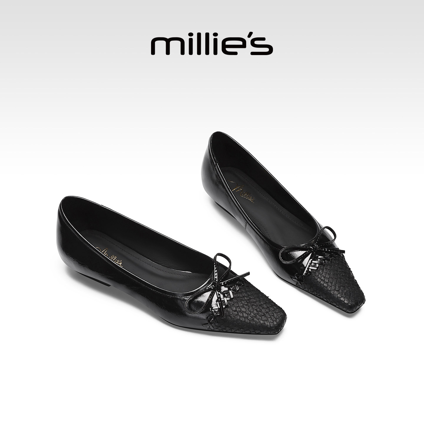 MILLIE'S/妙丽方头浅口单鞋真皮百搭女款黑色通勤鞋2026春季新款