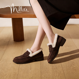 棕色毛毛鞋 妙丽加绒乐福鞋 保暖一脚蹬软底懒人鞋 女冬季 MILLIE