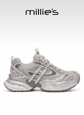 MILLIE'S/妙丽厚底复古老爹鞋女款银灰色百搭休闲鞋2026春季新款