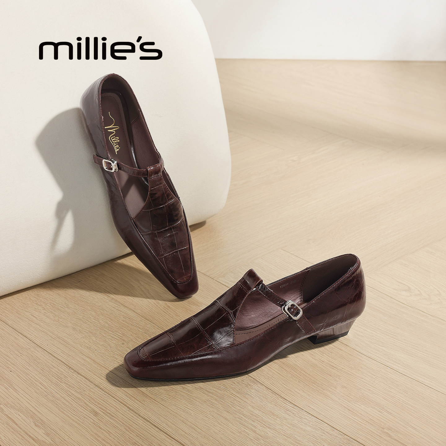 millies妙丽女鞋丁字带粗跟单鞋