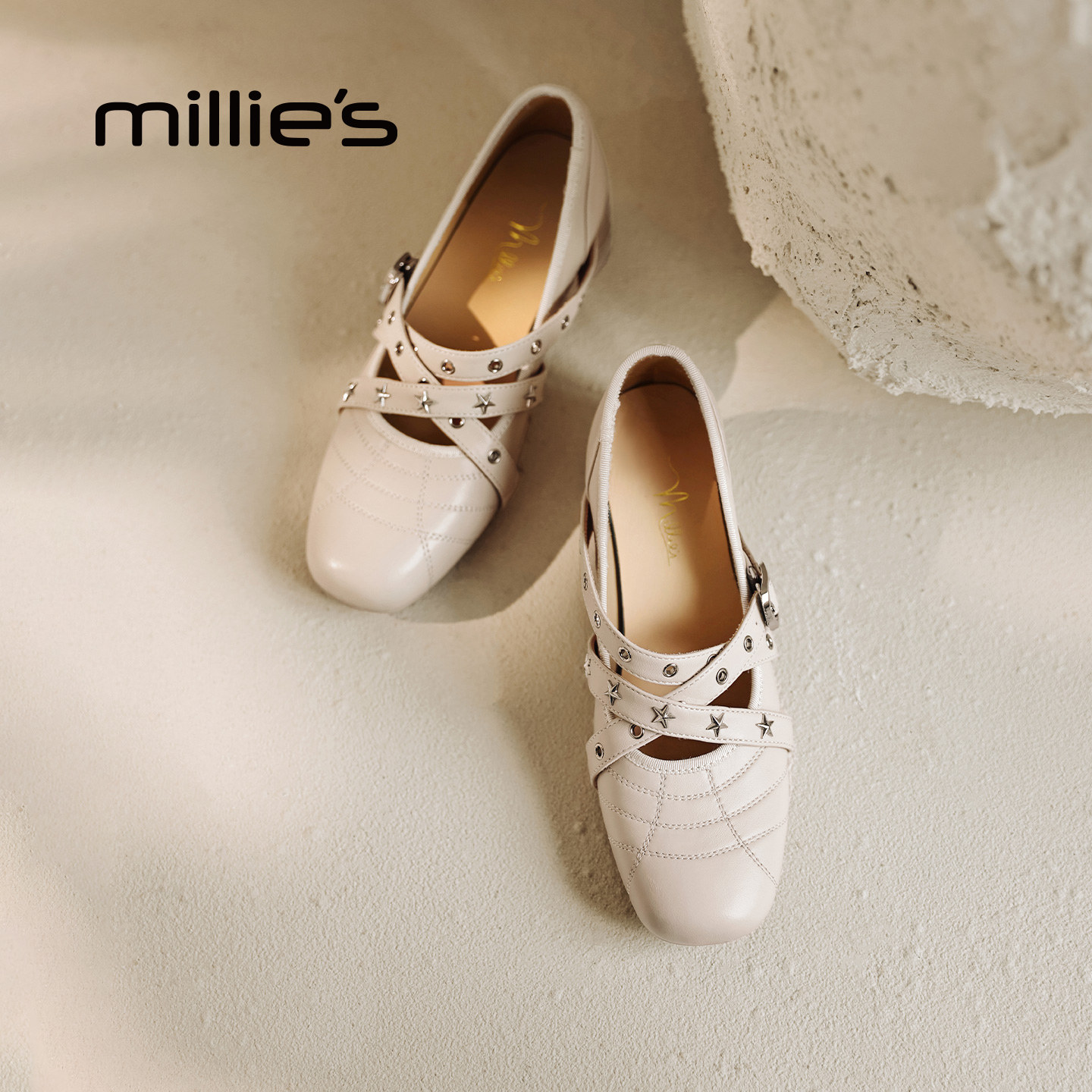 MILLIE'S/妙丽复古风玛丽珍鞋女真皮交叉带铆钉方头婚鞋春季新款,女鞋,婚鞋,淘宝优惠券,粉丝福利购,淘宝优惠卷