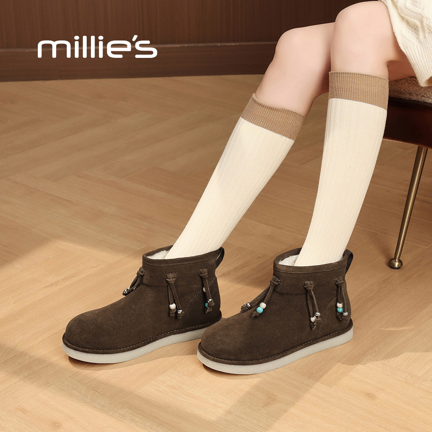 MILLIE'S/妙丽冬季款加绒保暖防滑短靴厚底棉靴时尚流苏雪地靴女