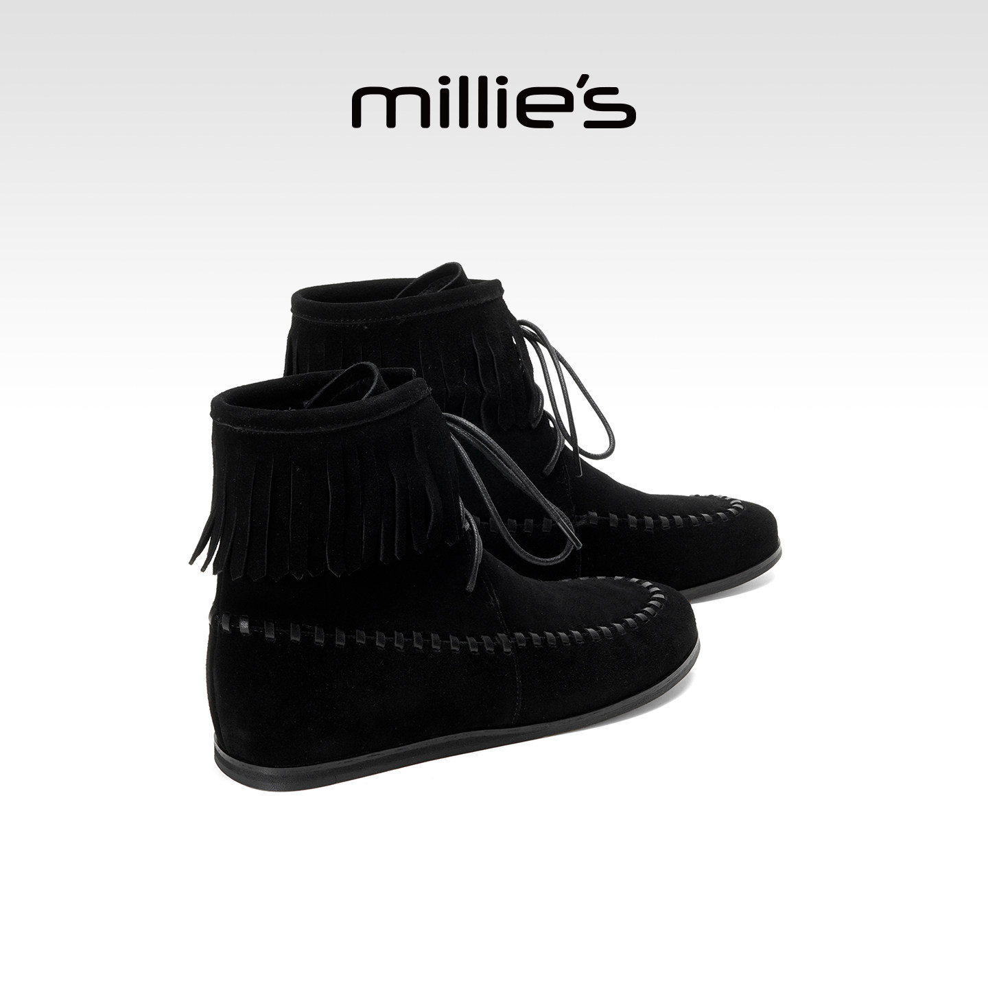 millies妙丽短靴女款绒面加棉复古靴子2025冬季新款时尚流苏短筒,女鞋,时装靴,淘宝优惠券,粉丝福利购,淘宝优惠卷