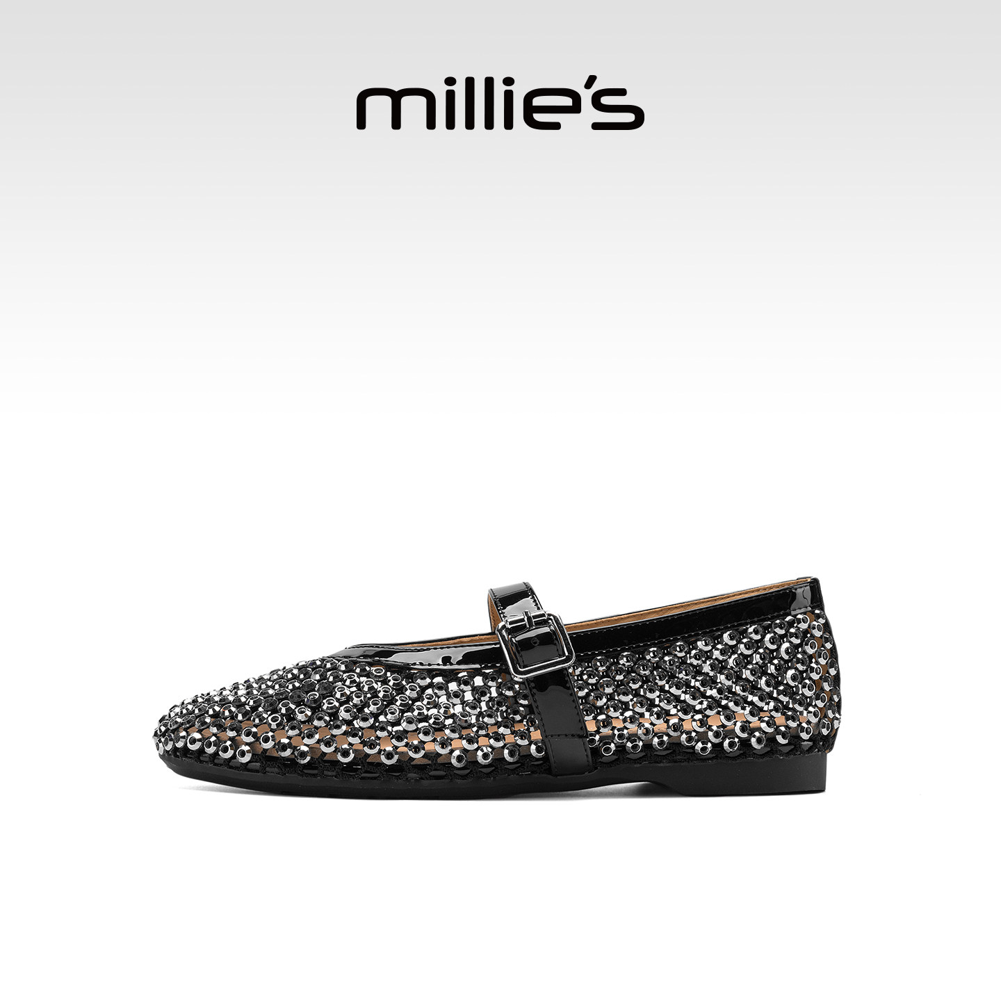 MILLIE'S/妙丽黑色镂空玛丽珍鞋女款平底一字带真皮单鞋夏季新款