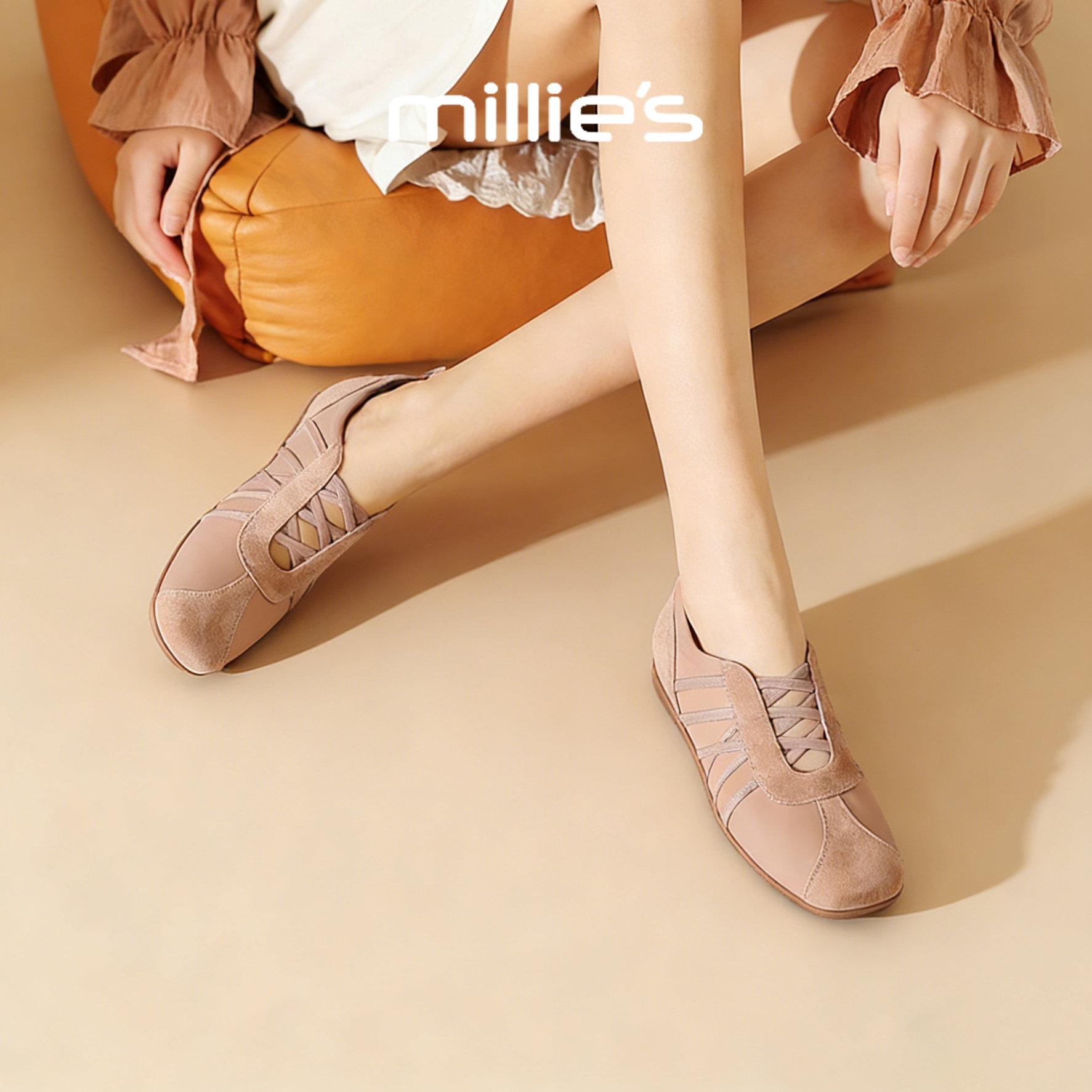 MILLIE'S/妙丽芭蕾风交叉绑带方头单鞋女平底休闲鞋2026春季新款,女鞋,深口单鞋,淘宝优惠券,粉丝福利购,淘宝优惠卷