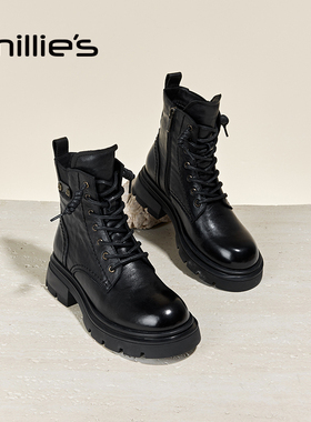millies妙丽真皮英伦风增高马丁靴女2025秋冬新款小个子加绒短靴