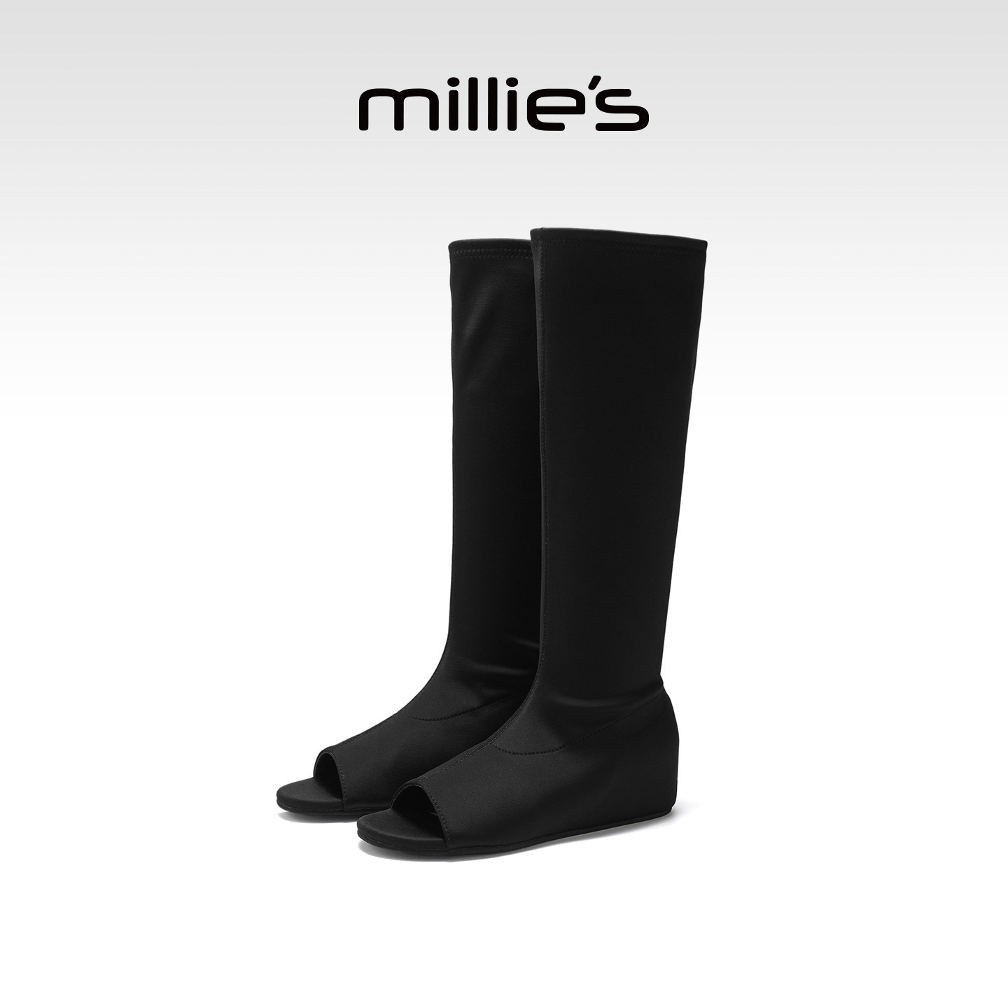MILLIE'S/妙丽简约风黑色弹力靴女坡跟高筒靴露趾瘦瘦靴时尚女靴