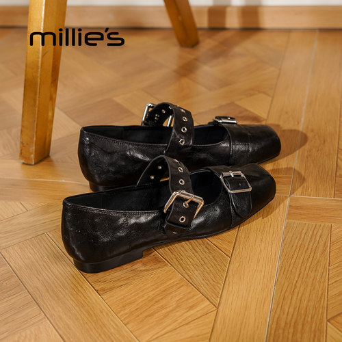millies妙丽黑色真皮单鞋2025年秋季新款