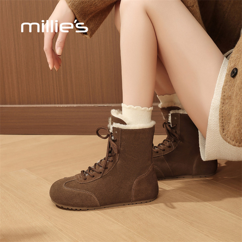 millies妙丽毛毛短靴真皮雪地靴秋冬新款加绒系带棉靴勃肯大棉靴,女鞋,时尚雪地靴,淘宝优惠券,粉丝福利购,淘宝优惠卷