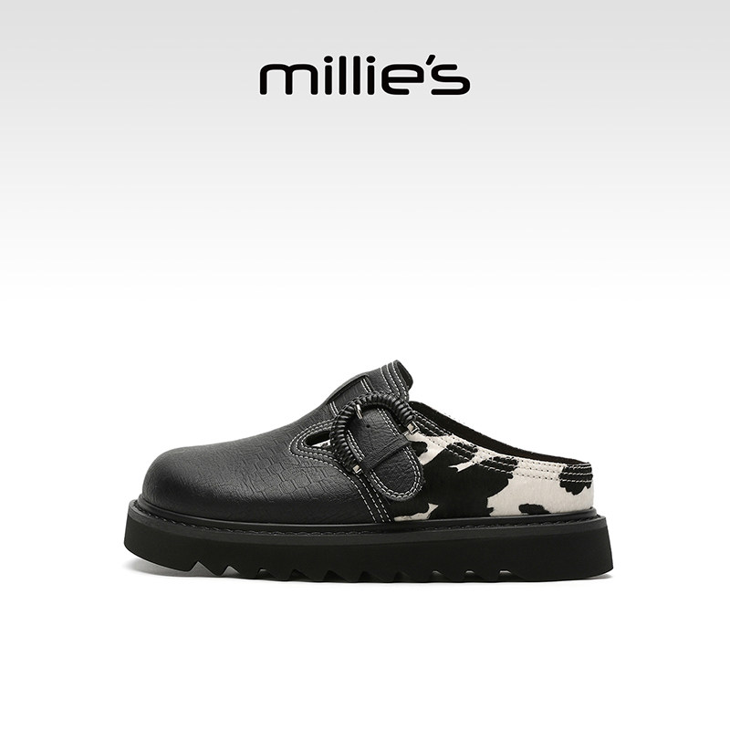 MILLIE'S/妙丽黑色魔术贴勃肯鞋女款外穿时尚厚底包头拖鞋休闲鞋