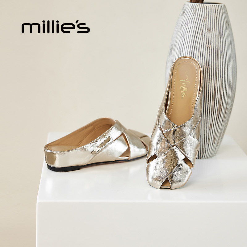 millies妙丽女鞋镂空一脚蹬外穿穆勒凉拖2026新款真皮拼接包头拖