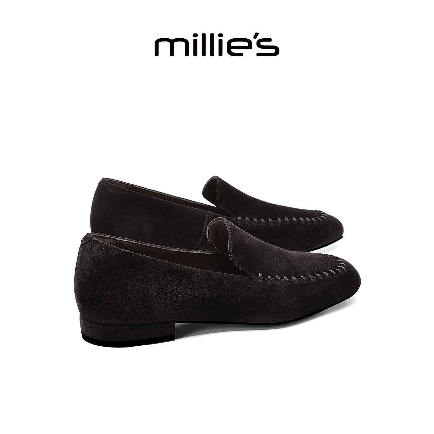 MILLIE'S/妙丽反绒皮拼接乐福鞋女百搭一脚蹬豆豆鞋2026秋季新款