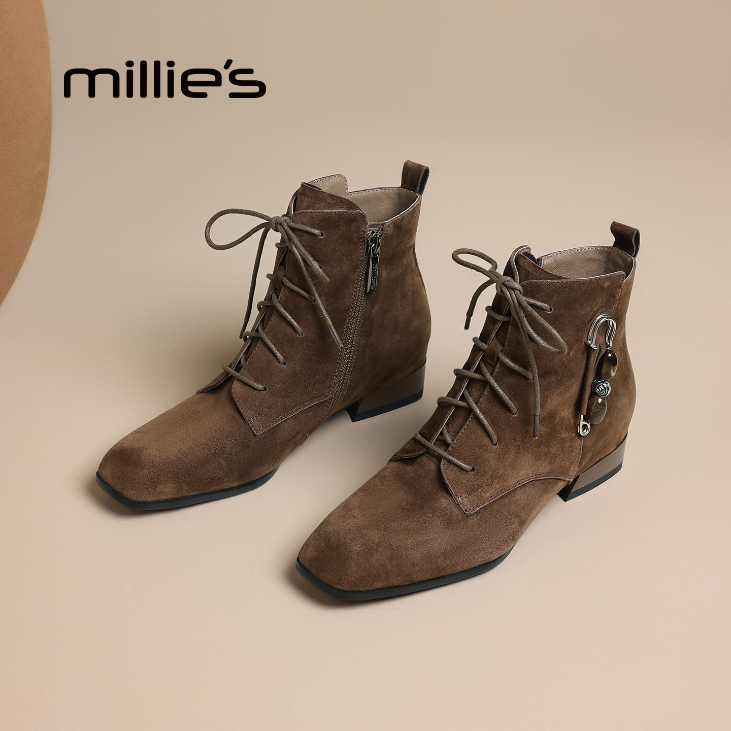 millies妙丽时尚休闲百搭女靴加绒短靴2025年新款棕色复古马丁靴,女鞋,时装靴,淘宝优惠券,粉丝福利购,淘宝优惠卷